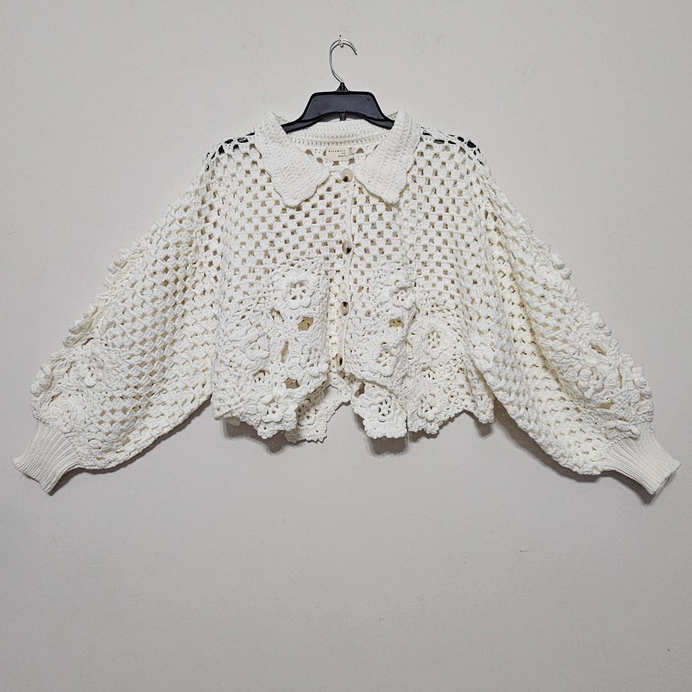 Dreamers Crochet Top Blouse Medium/Large White Long Balloon Sleeves Cropped 1047 - Picture 7 of 10